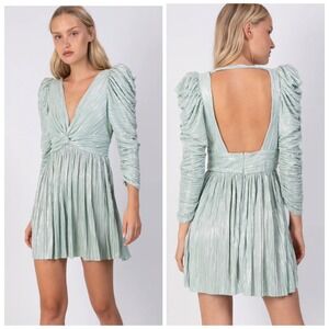 Sabina Musayev Morgana Dress Mint Green Metallic Pleated Foil Open Back Mini L